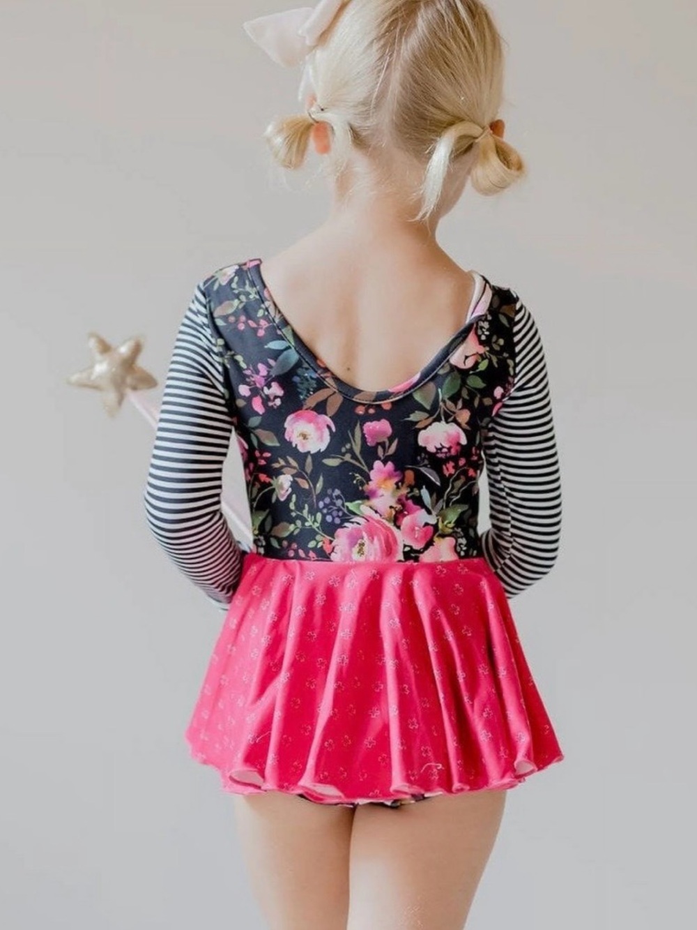 Cheeky Plum Farrah Dark Dahlia Floral & Stripe Long Sleeve Skirted Leotard